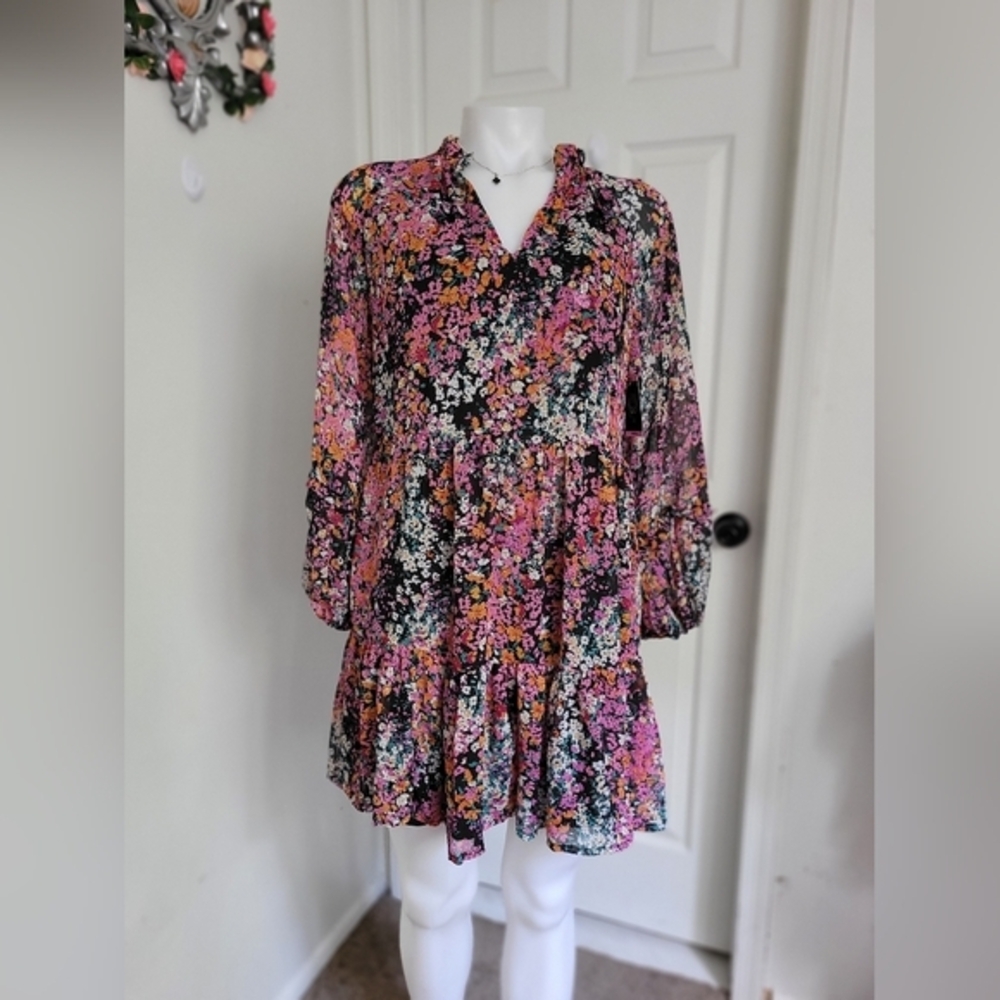 Vince Camuto Multicolored Long Sleeve Sundress with Notched Collar